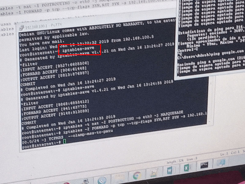 comando en pantalla iptables save